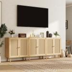 FURNIinspire Rattan Sideboard Buffet Cabinet, Wooden Cabinet Cupboard Console Small Cabinets with Doors and Adjustable Shelve for Kitchen & Entryway, Oak