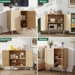 FURNIinspire Rattan Sideboard Buffet Cabinet, Wooden Cabinet Cupboard Console Small Cabinets with Doors and Adjustable Shelve for Kitchen & Entryway, Oak