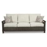 Signature Design by Ashley Paradise Trail Outdoor Patio Sofa with Cushion and 2 Throw Pillows, Cleanable Performance Fabric, Resin Wicker, Brown & Beige