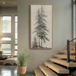 Framed Vertical Vintage Sketch Tree Living Room Wall Art, Large Black Beige Rustic Pine Artwork for Walls, Classic Antique Nature Forest Canvas Painting Print for Office Kitchen Foyer Stair 20x40 Inch
