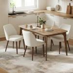 GarveeHome Linen Dining Chair Set of 4 Upholstered Fabric Dining Chair with Wood Legs, Wing Backrest, Wooden Kitchen Chairs with Thick Cushions, Leveling Feet for Dining Room, Living Room, White