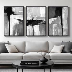 Large Framed Black and White Gray Abstract Wall Art for Living Room, 3 Piece Modern Canvas Prints Paintings Artwork for Walls, Grey Abstract Pictures for Hallway Office Wall Decor 24x36 In