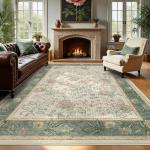 GarveeHome Area Rugs 8x10 for Living Room, Sage Green Botanical Floral Print Washable Rug Soft Non Slip Floor Mat Carpet Indoor Thin Cottage core Rug for Bedroom Dining Room Playroom Nursery Room