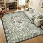 GarveeHome Provence 5x7 Area Rugs, Botanical Grove Sage Green Vintage Cottagecore Non-Slip Washable Rug for Living Room Bedroom Nursery Kitchen Low-Pile Retro Carpet