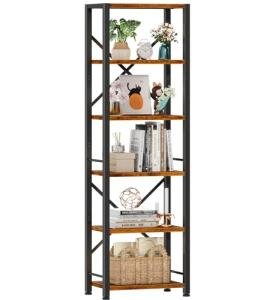 Furologee 6 Tier Tall Bookshelf, Industrial Narrow Bookcase, Display Standing Shelf Units, Metal and Wood Storage Rack Organizer for Living Room, Home Office, Entryway, Kitchen, Rustic Brown