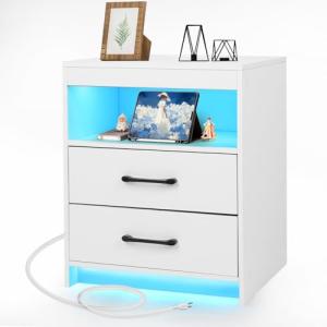 ansefe Night Stand with Charging Station and Ambient Light, LED Nightstand with USB-C Ports and Outlets, Morden Bedside Table with 2 Drawers and Open Compartment, End Table for Bedroom, White