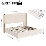 HITHOS Queen Upholstered LED Bed Frame with 2 Storage Drawers, Velvet Platform Bed with Wingback Headboard, Solid Wooden Slats Support, No Box Spring Needed, Headboard Splicing Design, Beige