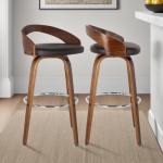 Armen Living Sonia 26" Seat Height Mid Century Modern Swivel Bar Stool for Kitchen Island Counter in Brown Faux Leather and Walnut Wood