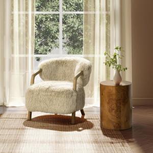 33" Rustic Oak Accent Arm Chair, Taupe Beige Genuine Fur Sheepskin Upholstery