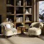 33" Rustic Oak Accent Arm Chair, Taupe Beige Genuine Fur Sheepskin Upholstery