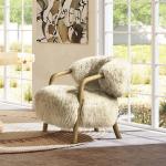 33" Rustic Oak Accent Arm Chair, Taupe Beige Genuine Fur Sheepskin Upholstery