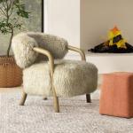 33" Rustic Oak Accent Arm Chair, Taupe Beige Genuine Fur Sheepskin Upholstery