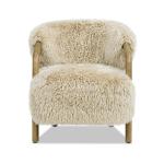 33" Rustic Oak Accent Arm Chair, Taupe Beige Genuine Fur Sheepskin Upholstery