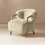 33" Rustic Oak Accent Arm Chair, Taupe Beige Genuine Fur Sheepskin Upholstery