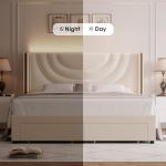 HITHOS Queen Upholstered LED Bed Frame with 2 Storage Drawers, Velvet Platform Bed with Wingback Headboard, Solid Wooden Slats Support, No Box Spring Needed, Headboard Splicing Design, Beige