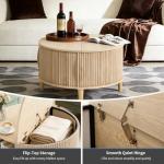 DUMOS Coffee Table, Round Coffee Tables with Storage, Fluted Center Table for Living Room, 31.69" Mid Century Modern Table with Sliding Cabinet Door, 2-Tier Rustic Wood Desktop, Wood