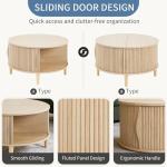 DUMOS Coffee Table, Round Coffee Tables with Storage, Fluted Center Table for Living Room, 31.69" Mid Century Modern Table with Sliding Cabinet Door, 2-Tier Rustic Wood Desktop, Wood