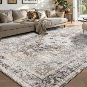 YOH Boho Washable Rug 5x7, Charcoal Gray Vintage Non Slip Area Rug, Distressed Indoor Carpet for Living Room Bedroom Kitchen Office