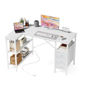 DUMOS L Shaped Desk with Shelf Drawers 47 Inch, White Corner Computer Desks Gaming with Power Outlet, Study Table with Adjustable Shelves, Home Office Tables for Bedroom Teacher Reading Writing