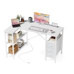 DUMOS L Shaped Desk with Shelf Drawers 47 Inch, White Corner Computer Desks Gaming with Power Outlet, Study Table with Adjustable Shelves, Home Office Tables for Bedroom Teacher Reading Writing