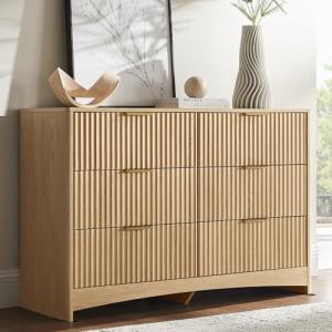 Amada Modern 6 Drawer Dresser, Fluted Wood Chest of Drawers with Rounded Corners, Pre-Installed Drawer Slides, Dresser TV Stand and Storage Organizer for Bedroom, Hallway, Natural Oak