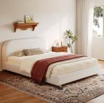 Merax Queen Size Teddy Fleece Thick Fabric Upholstered Platform Bed with Curved Shaped Headboard, Wood Bed Frame with Solid Round Legs for Kids Teens Adults, White