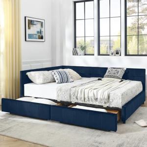 Queen Size Corner Bed Frame with Storage Drawers, Comfortable Backrest and Armrests, Velvet Tufted Corner Bed Frame Queen Size, Upholstered Daybed for Bedroom, Living Room, Guest Room, Dark Blue