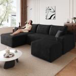 95" Modular Sectional Sofa with Ottoman, Modern Corduroy Cloud Couch with Deep Seat, Boneless Couch Upholstered 3-Seater U-Shaped Sofa for Living Room, No Assembly (Black,Left-Facing Chaise)