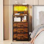 SZLHANJZ Nightstand, Dresser Nightstand with Charging Station, 3 Drawers Night Stand with Storage and LED Lights, 3 Shelves and Hooks, End Side Table for Bedroom, Rustic Brown