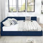 Queen Size Corner Bed Frame with Storage Drawers, Comfortable Backrest and Armrests, Velvet Tufted Corner Bed Frame Queen Size, Upholstered Daybed for Bedroom, Living Room, Guest Room, Dark Blue