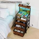 SZLHANJZ Nightstand, Dresser Nightstand with Charging Station, 3 Drawers Night Stand with Storage and LED Lights, 3 Shelves and Hooks, End Side Table for Bedroom, Rustic Brown