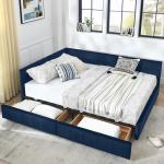 Queen Size Corner Bed Frame with Storage Drawers, Comfortable Backrest and Armrests, Velvet Tufted Corner Bed Frame Queen Size, Upholstered Daybed for Bedroom, Living Room, Guest Room, Dark Blue