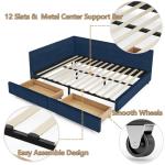 Queen Size Corner Bed Frame with Storage Drawers, Comfortable Backrest and Armrests, Velvet Tufted Corner Bed Frame Queen Size, Upholstered Daybed for Bedroom, Living Room, Guest Room, Dark Blue