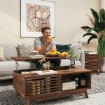 HAIOOU Lift Top Coffee Table, Mid Century Modern Coffee Table with Storage for Living Room, Walnut Coffee Tables with Sliding Fence Door, 35.4'' Rectangular Fluted Center Table (Brown)