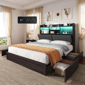 AMERLIFE King Size Bed Frame with 51.2" Tall Bookcase Headboard, Farmhouse Platform Bed with 4 Storage Drawers, Linen Upholstered, Charging Station & Storage, Rustic Black