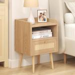 MECHYIN Night Stand Set 2, Nightstands Set of 2 with Charging Station, Rattan Side Tables with Solid Wood Legs, Boho Bedside End Table for Farmhouse Bedroom Dorm Small Space - Natural
