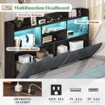 AMERLIFE King Size Bed Frame with 51.2" Tall Bookcase Headboard, Farmhouse Platform Bed with 4 Storage Drawers, Linen Upholstered, Charging Station & Storage, Rustic Black