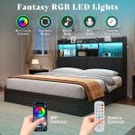 AMERLIFE King Size Bed Frame with 51.2" Tall Bookcase Headboard, Farmhouse Platform Bed with 4 Storage Drawers, Linen Upholstered, Charging Station & Storage, Rustic Black