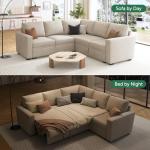 HONBAY Modular Sectional Sleeper Sofa with Pull Out Bed, L Shaped Couch with Storage Seat, Convertible Sectional Couches for Living Room, Beige