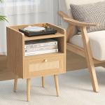 MECHYIN Night Stand Set 2, Nightstands Set of 2 with Charging Station, Rattan Side Tables with Solid Wood Legs, Boho Bedside End Table for Farmhouse Bedroom Dorm Small Space - Natural