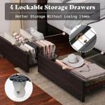 AMERLIFE King Size Bed Frame with 51.2" Tall Bookcase Headboard, Farmhouse Platform Bed with 4 Storage Drawers, Linen Upholstered, Charging Station & Storage, Rustic Black