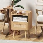 MECHYIN Night Stand Set 2, Nightstands Set of 2 with Charging Station, Rattan Side Tables with Solid Wood Legs, Boho Bedside End Table for Farmhouse Bedroom Dorm Small Space - Natural