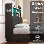 AMERLIFE King Size Bed Frame with 51.2" Tall Bookcase Headboard, Farmhouse Platform Bed with 4 Storage Drawers, Linen Upholstered, Charging Station & Storage, Rustic Black