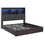 AMERLIFE King Size Bed Frame with 51.2" Tall Bookcase Headboard, Farmhouse Platform Bed with 4 Storage Drawers, Linen Upholstered, Charging Station & Storage, Rustic Black