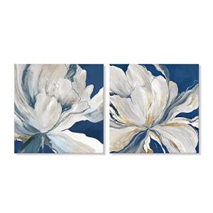 Goldfoilart Indigo Blue Flower Wall Art for Living Room White Floral Canvas Pictures Modern Paintings Framed Artwork Prints for Bedroom Dining Room Office Wall Decor 24"x24"x2pcs