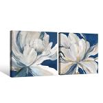 Goldfoilart Indigo Blue Flower Wall Art for Living Room White Floral Canvas Pictures Modern Paintings Framed Artwork Prints for Bedroom Dining Room Office Wall Decor 24"x24"x2pcs