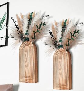 Set of 2 Wooden Vases with Pampas Grass and Eucalyptus – Boho Decor for Living Room, Modern Farmhouse Entryway or Bathroom, Rustic Art for Home Decoration
