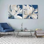 Goldfoilart Indigo Blue Flower Wall Art for Living Room White Floral Canvas Pictures Modern Paintings Framed Artwork Prints for Bedroom Dining Room Office Wall Decor 24"x24"x2pcs