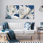 Goldfoilart Indigo Blue Flower Wall Art for Living Room White Floral Canvas Pictures Modern Paintings Framed Artwork Prints for Bedroom Dining Room Office Wall Decor 24"x24"x2pcs