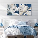 Goldfoilart Indigo Blue Flower Wall Art for Living Room White Floral Canvas Pictures Modern Paintings Framed Artwork Prints for Bedroom Dining Room Office Wall Decor 24"x24"x2pcs